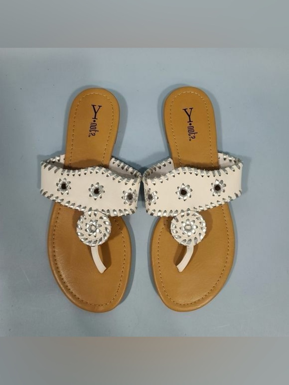 Y-NOT Sandals Flip Flops White Silver Shoes Women’s Size  9.5